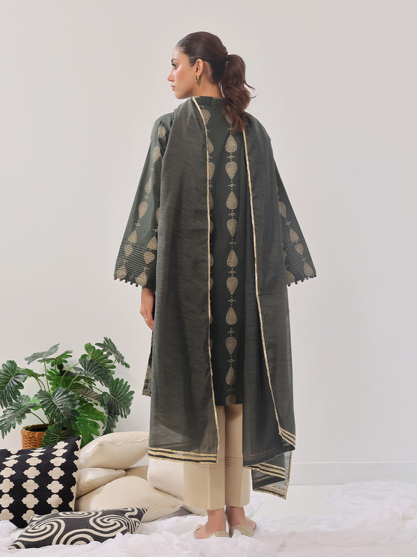 3Pc Printed Suit Pret Cambric Olive Green - OW3P-2408017