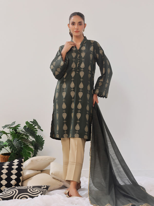 3Pc Printed Suit Pret Cambric Olive Green - OW3P-2408017