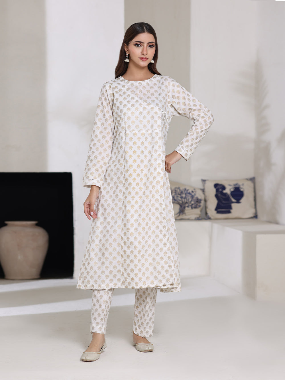 2Pc Screen Print Pret Shirt Trouser Cambric Off White - OW2P-2508010