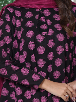 3Pc Screen Print Pret Suit Cambric Black & Magenta - OW3P-2508015