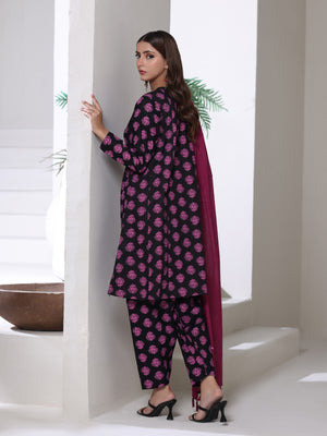 3Pc Screen Print Pret Suit Cambric Black & Magenta - OW3P-2508015