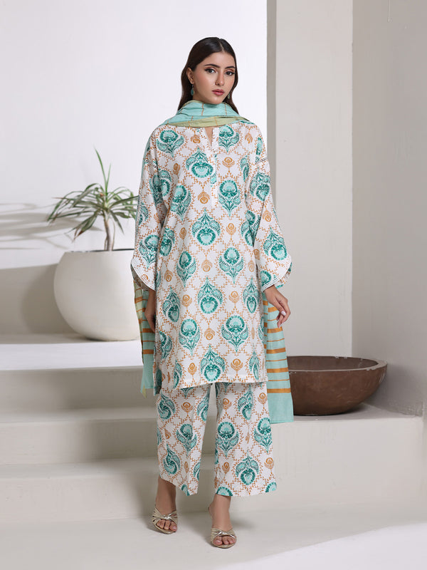 3Pc Screen Print Pret Suit Cambric White & Ferozi - OW3P-2508019