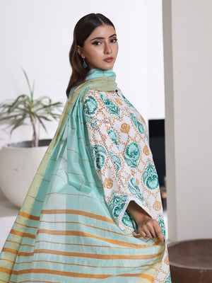 3Pc Screen Print Pret Suit Cambric White & Ferozi - OW3P-2508019