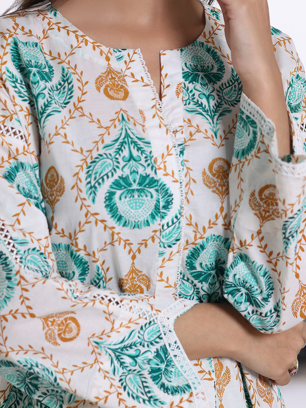 3Pc Screen Print Pret Suit Cambric White & Ferozi - OW3P-2508019