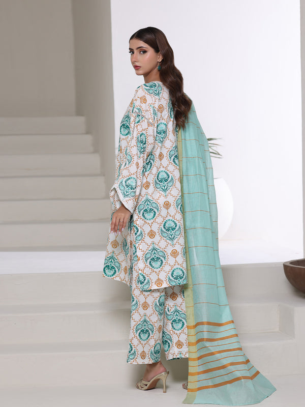 3Pc Screen Print Pret Suit Cambric White & Ferozi - OW3P-2508019