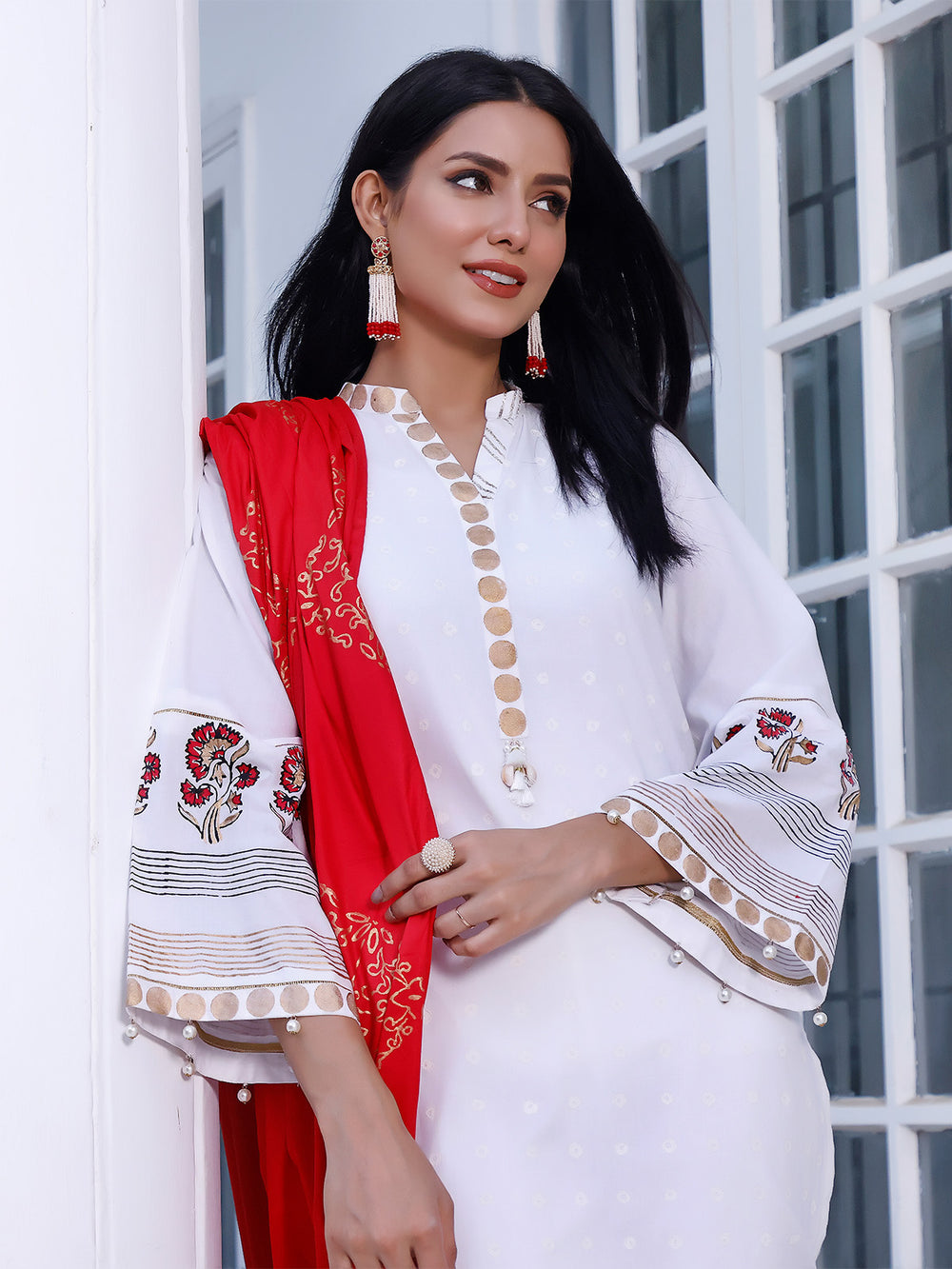 2Pc Printed Pret Shirt Dupatta Dobby White - OWBP2P-2105007