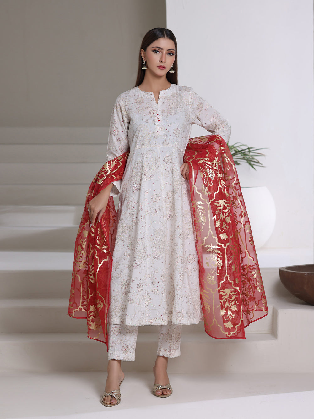 3Pc Screen Print Pret Suit Cambric Off White Red - OWE3P-2508001