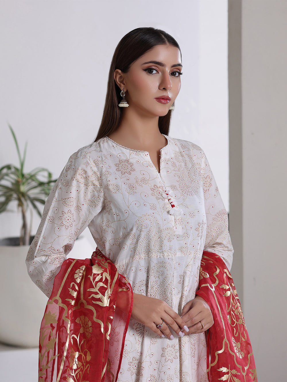 3Pc Screen Print Pret Suit Cambric Off White Red - OWE3P-2508001