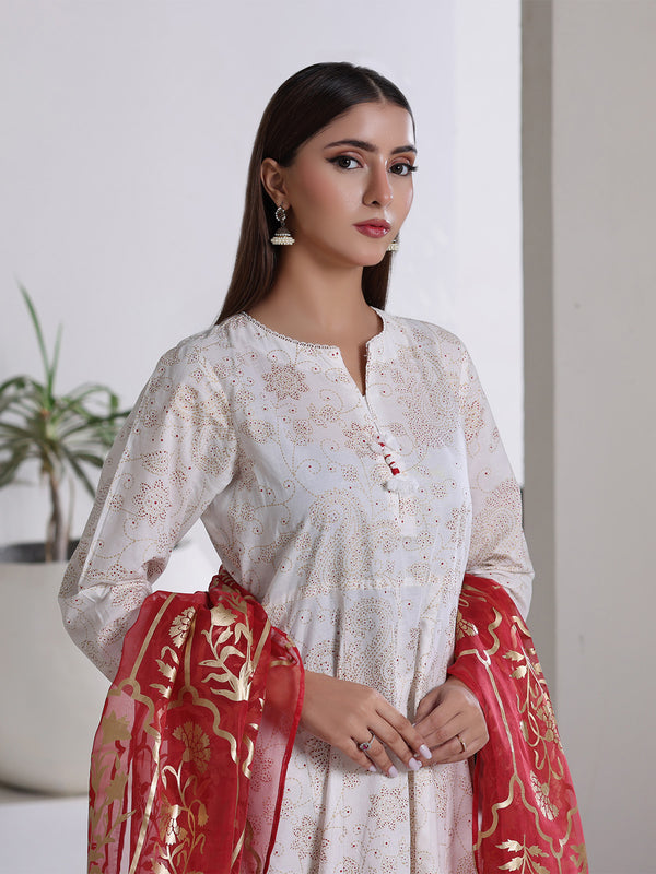 3Pc Screen Print Pret Suit Cambric Off White Red - OWE3P-2508001