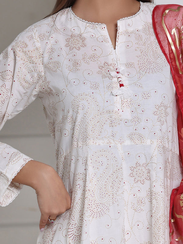 3Pc Screen Print Pret Suit Cambric Off White Red - OWE3P-2508001