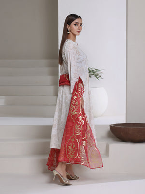 3Pc Screen Print Pret Suit Cambric Off White Red - OWE3P-2508001