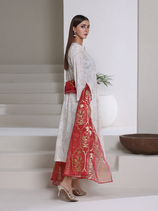 3Pc Screen Print Pret Suit Cambric Off White Red - OWE3P-2508001