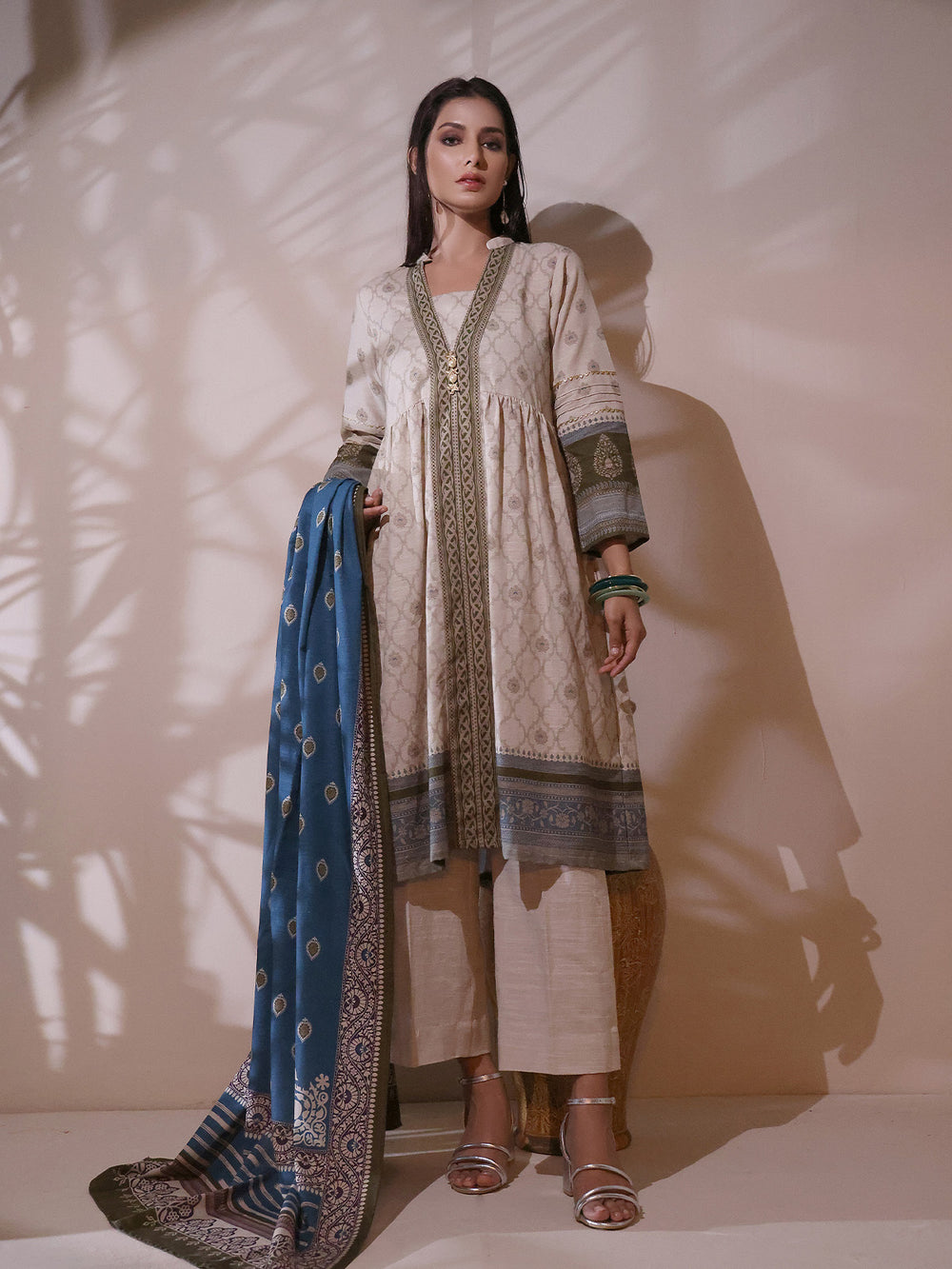 2Pc Printed Pret Shirt Dupatta Khaddar Beige & Olive - OWK2P-2209013