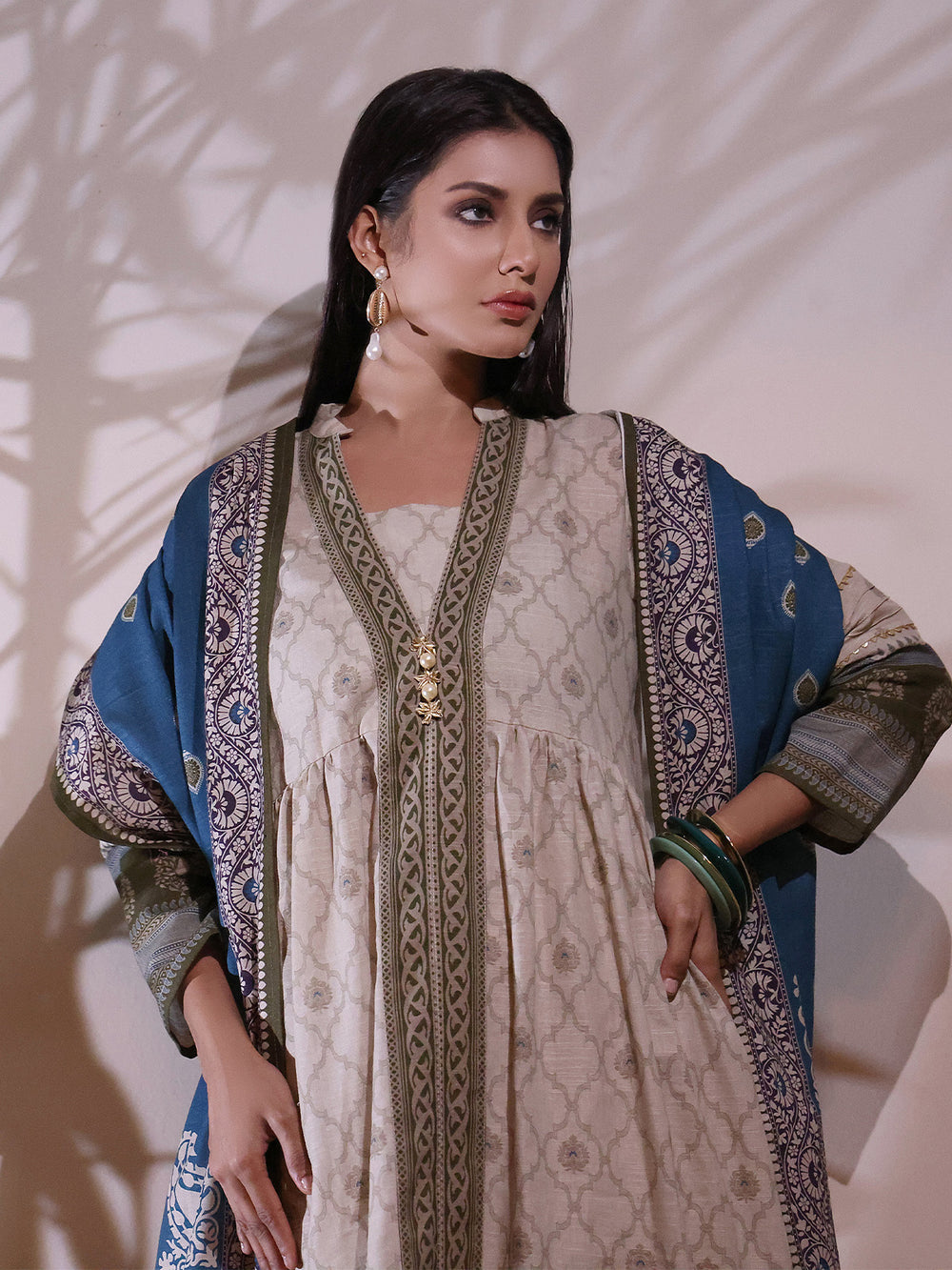 2Pc Printed Pret Shirt Dupatta Khaddar Beige & Olive - OWK2P-2209013