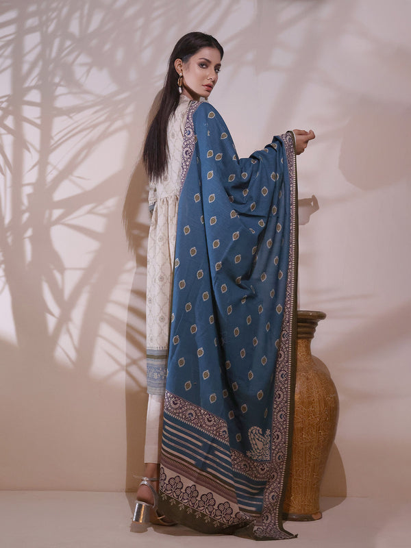 2Pc Printed Pret Shirt Dupatta Khaddar Beige & Olive - OWK2P-2209013