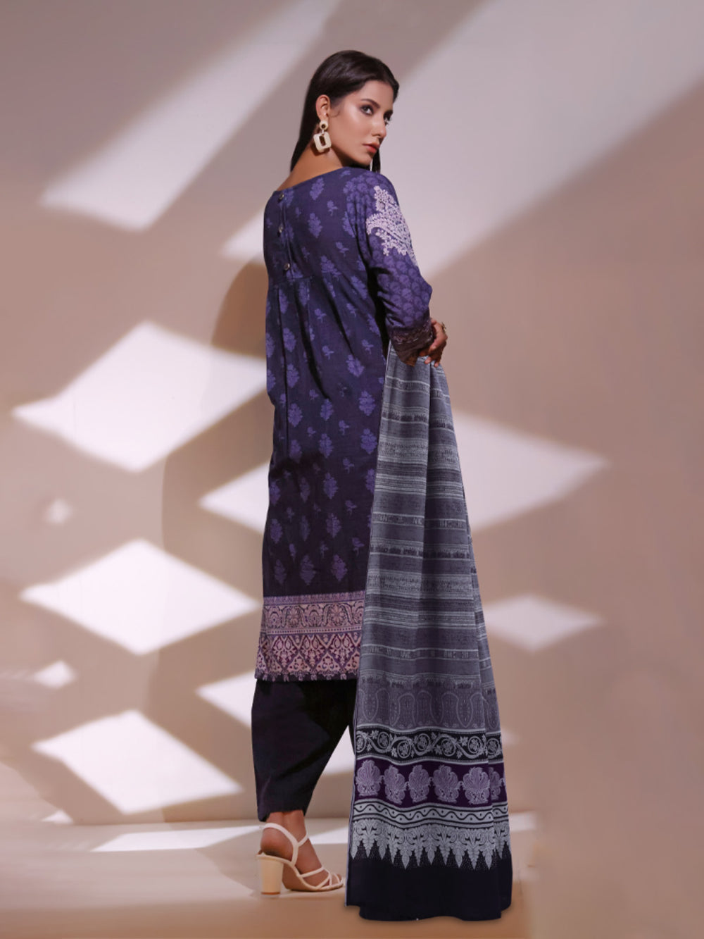 2Pc Printed Pret Shirt Dupatta Khaddar Navy Blue - OWK2P-2209014