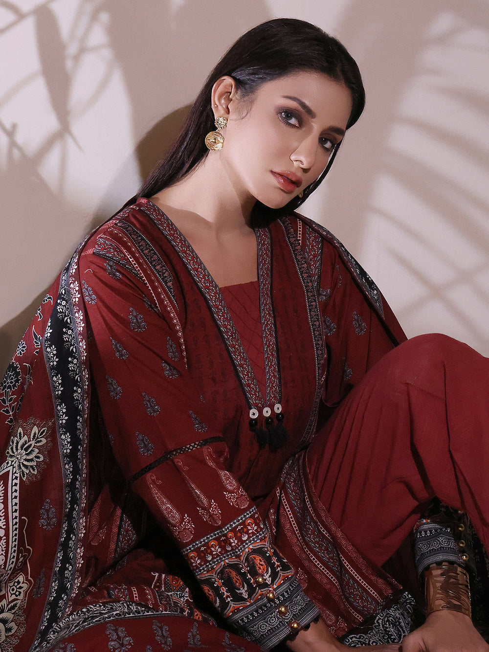 2Pc Printed Pret Shirt Dupatta Khaddar Maroon - OWK2P-2209015