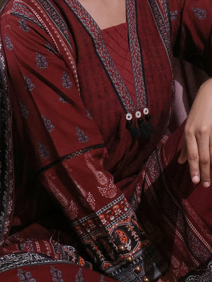 2Pc Printed Pret Shirt Dupatta Khaddar Maroon - OWK2P-2209015