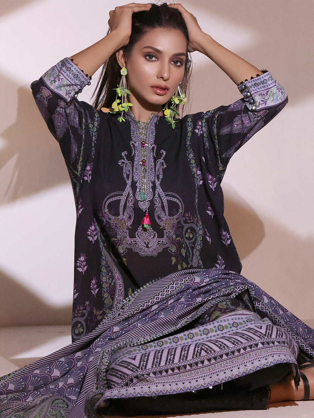 2Pc Printed Pret Shirt Dupatta Khaddar Navy Blue - OWK2P-2209016