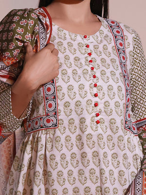 2Pc Printed Pret Shirt Dupatta Khaddar White & Green - OWK2P-2209017