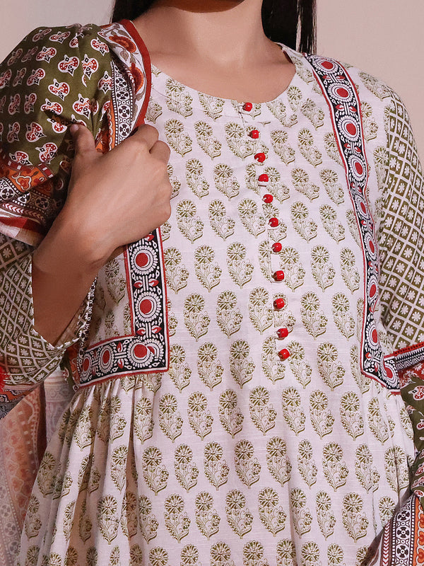2Pc Printed Pret Shirt Dupatta Khaddar White & Green - OWK2P-2209017