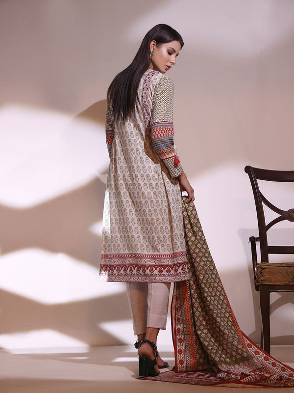 2Pc Printed Pret Shirt Dupatta Khaddar White & Green - OWK2P-2209017