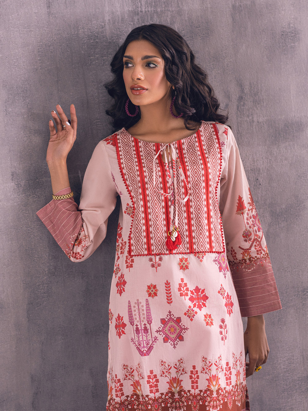 1Pc Printed Pret Kurti Lawn Red - OWKT-2301001