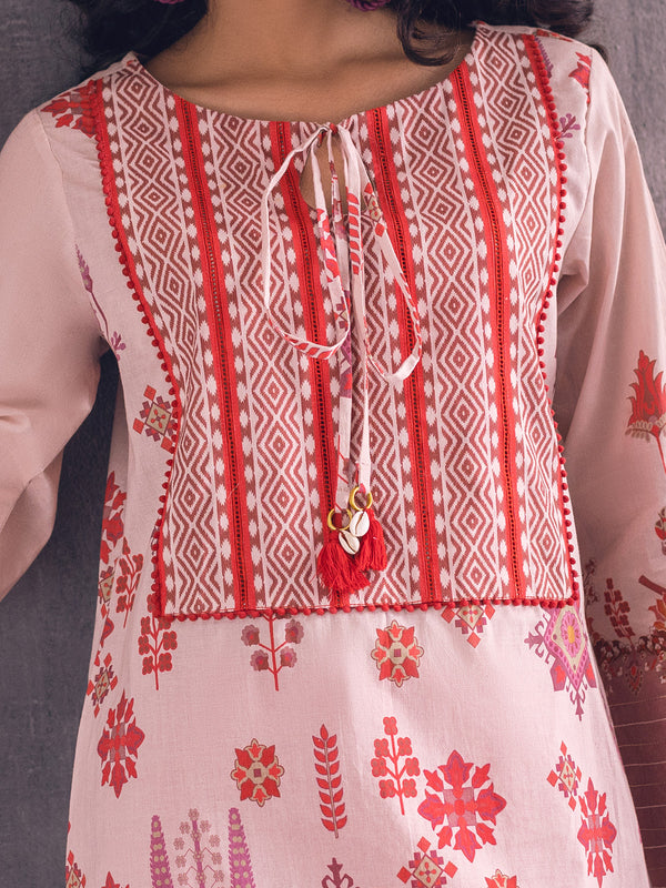 1Pc Printed Pret Kurti Lawn Red - OWKT-2301001