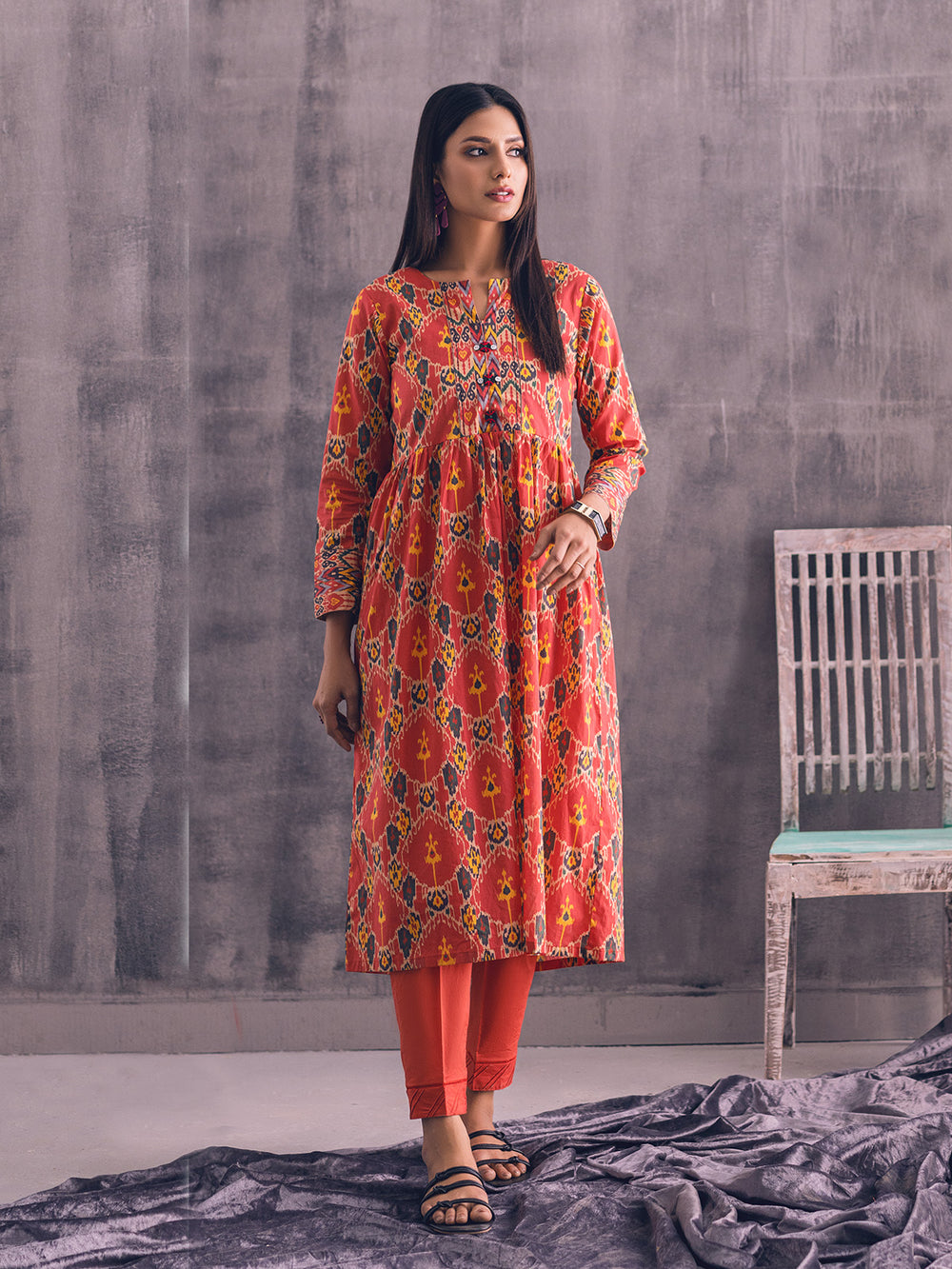 1Pc Printed Pret Kurti Lawn Maroon - OWKT-2301006