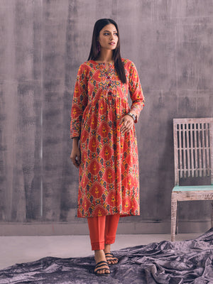 1Pc Printed Pret Kurti Lawn Maroon - OWKT-2301006