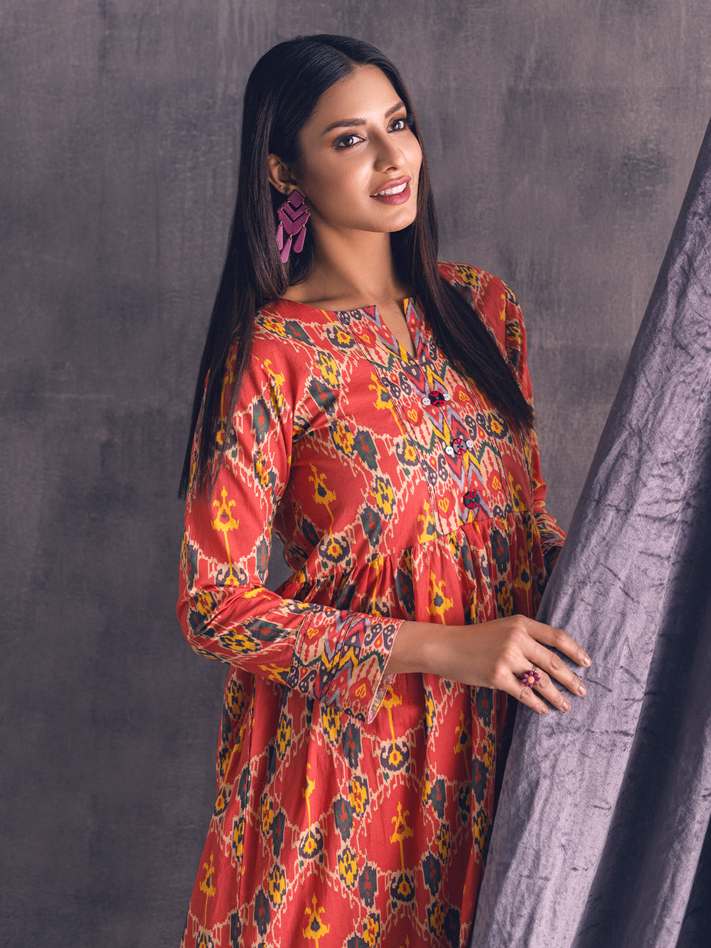 1Pc Printed Pret Kurti Lawn Maroon - OWKT-2301006