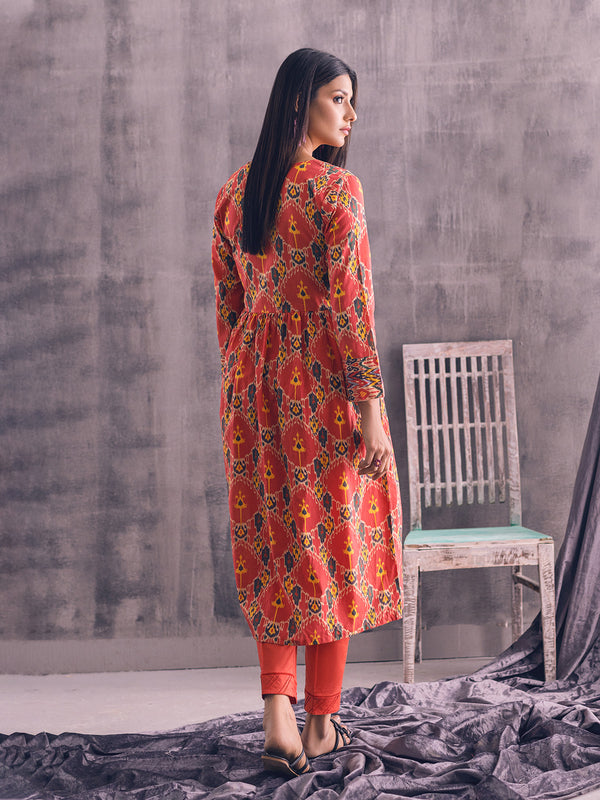 1Pc Printed Pret Kurti Lawn Maroon - OWKT-2301006