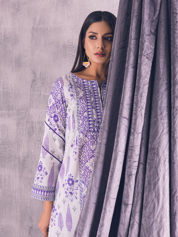 1Pc Printed Pret Kurti Lawn White & Purple - OWKT-2302003