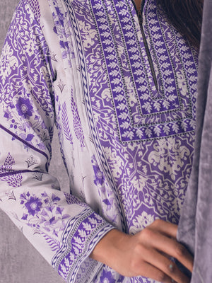 1Pc Printed Pret Kurti Lawn White & Purple - OWKT-2302003