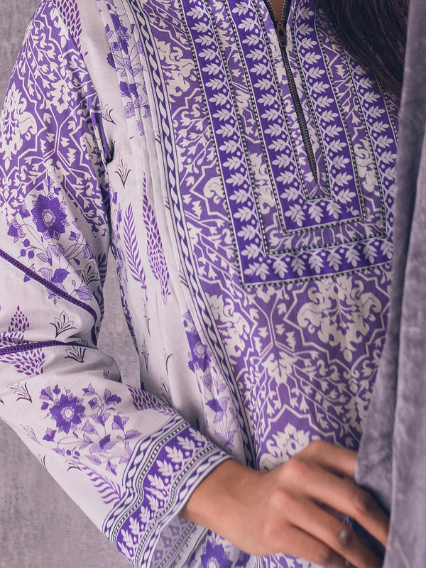 1Pc Printed Pret Kurti Lawn White & Purple - OWKT-2302003