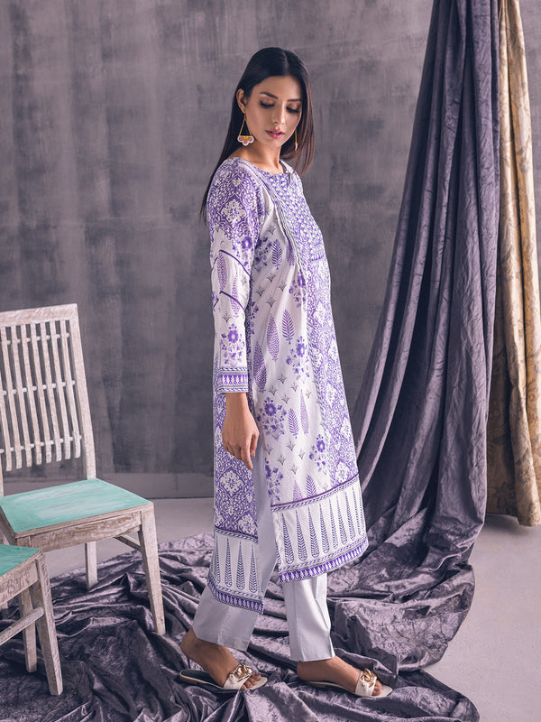 1Pc Printed Pret Kurti Lawn White & Purple - OWKT-2302003