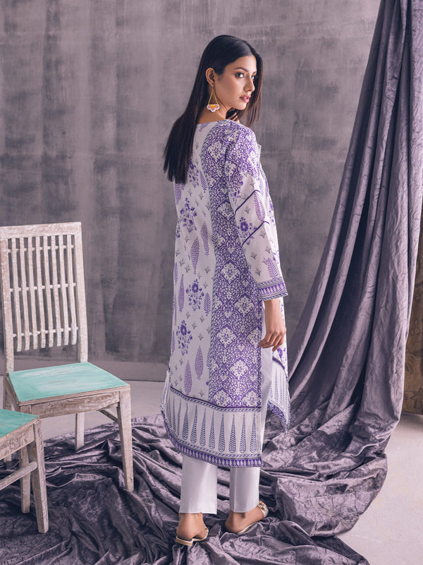 1Pc Printed Pret Kurti Lawn White & Purple - OWKT-2302003