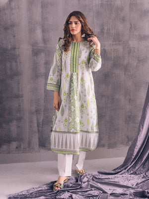 1Pc Printed Pret Kurti Lawn White & Green - OWKT-2302016