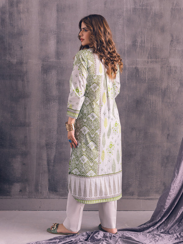 1Pc Printed Pret Kurti Lawn White & Green - OWKT-2302016