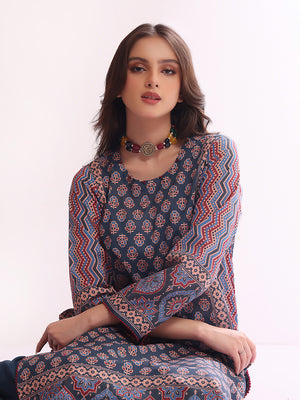 1Pc Printed Pret Kurti Lawn Dark Blue - OWKT-2304015