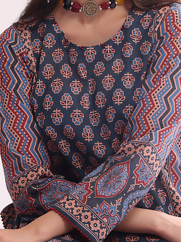 1Pc Printed Pret Kurti Lawn Dark Blue - OWKT-2304015