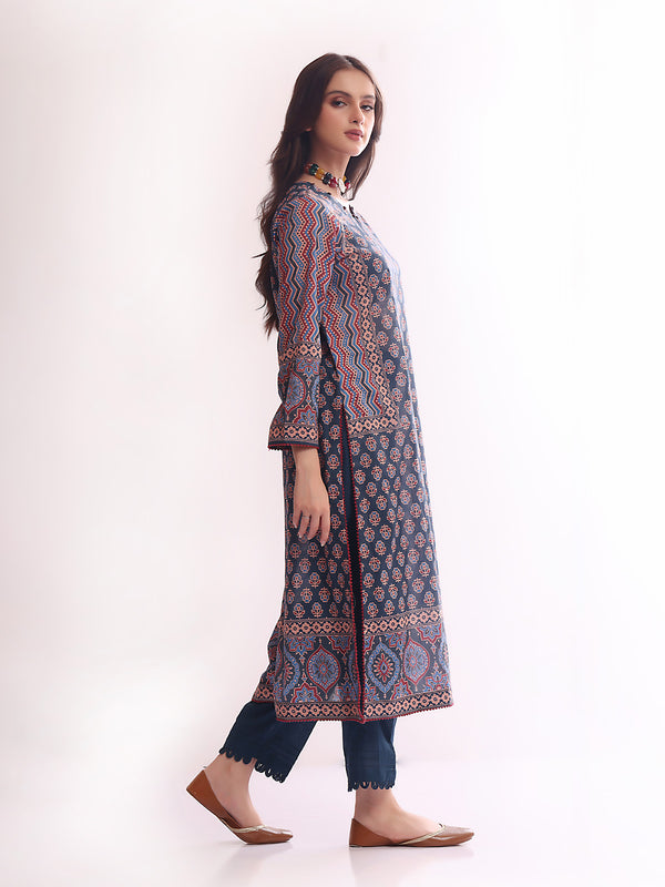 1Pc Printed Pret Kurti Lawn Dark Blue - OWKT-2304015