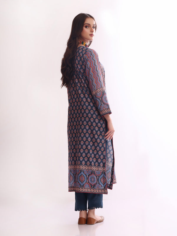 1Pc Printed Pret Kurti Lawn Dark Blue - OWKT-2304015