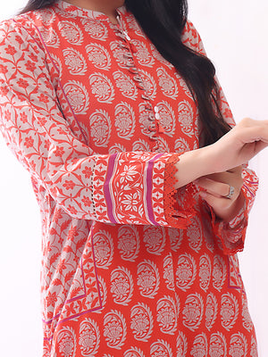 1Pc Printed Pret Kurti Lawn Orange - OWKT-2304016
