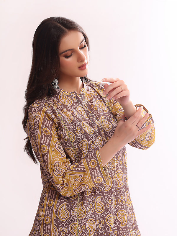 1Pc Printed Pret Kurti Lawn Grey - OWKT-2304017