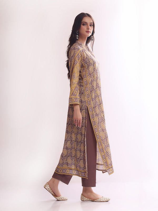 1Pc Printed Pret Kurti Lawn Grey - OWKT-2304017