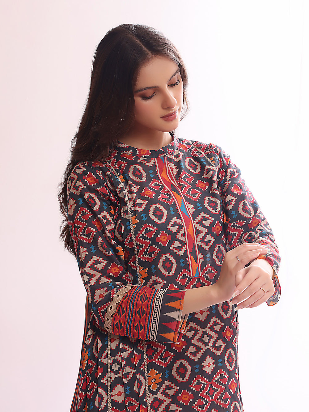 1Pc Printed Pret Kurti Lawn Navy Blue - OWKT-2304020