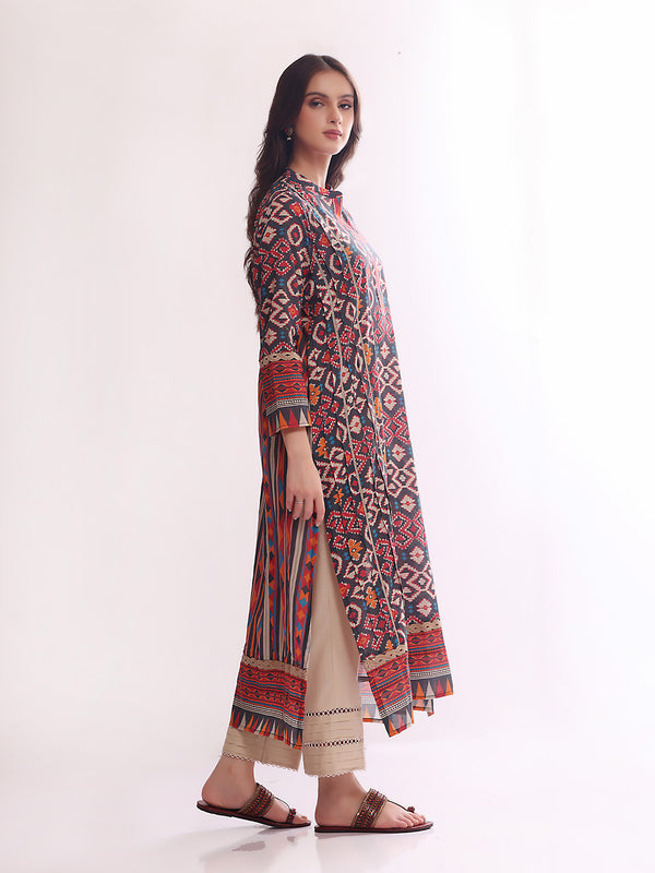 1Pc Printed Pret Kurti Lawn Navy Blue - OWKT-2304020