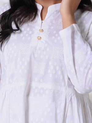1Pc Screen Print Pret Kurti Cambric White - OWKT-2508003