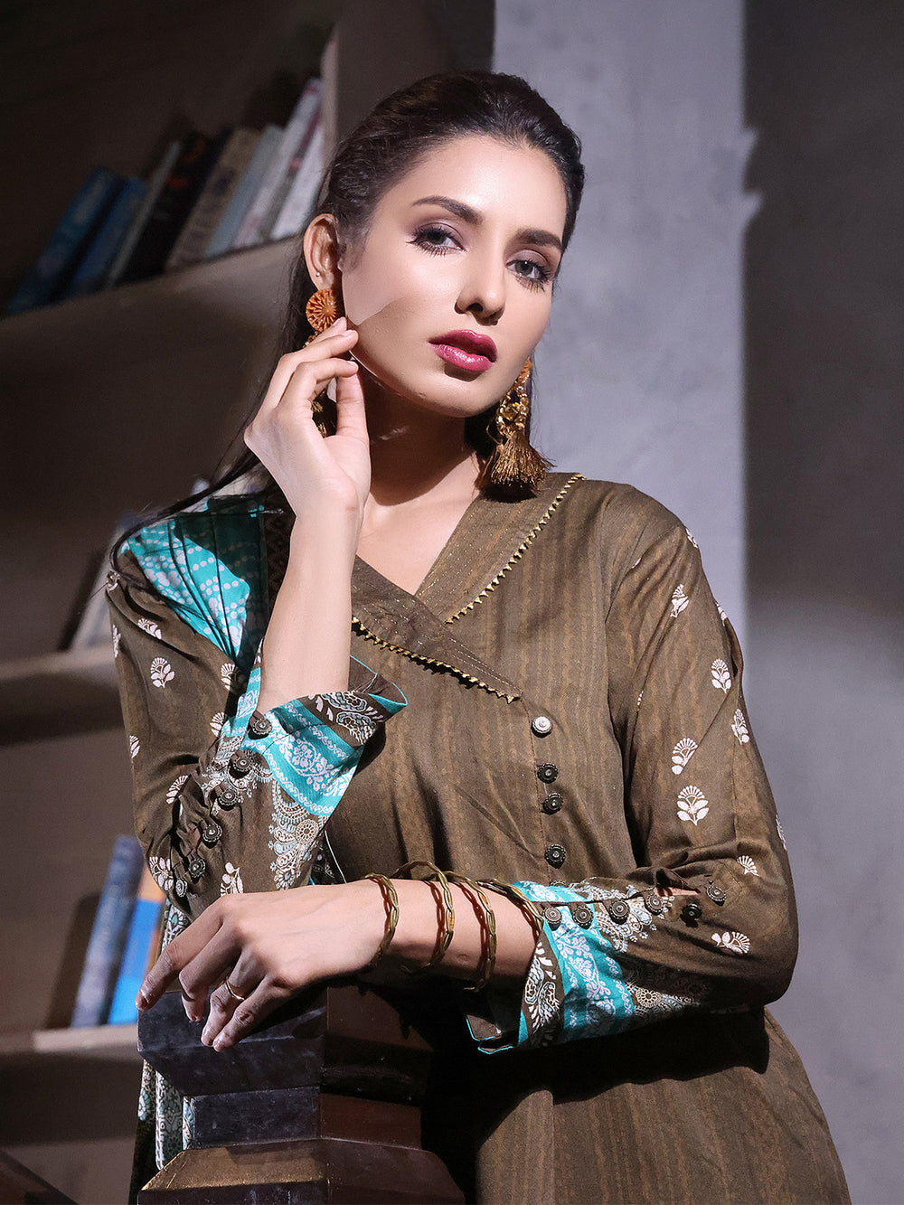 2Pc Printed Pret Shirt Dupatta Linen Brown - OWL2P-2209019